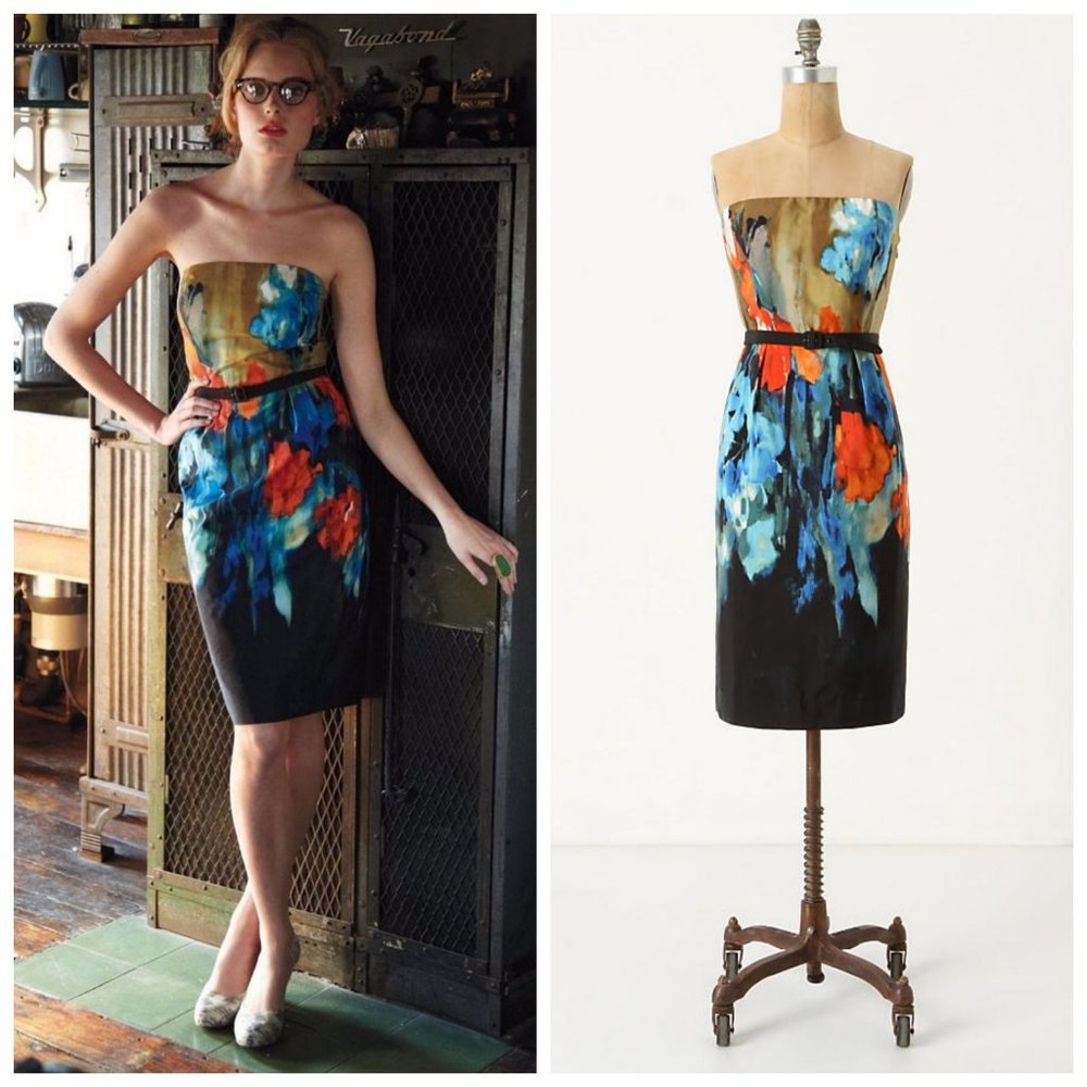 Anthropologie Strapless Floral-Print Mini Dress in Black, Blue, Orange